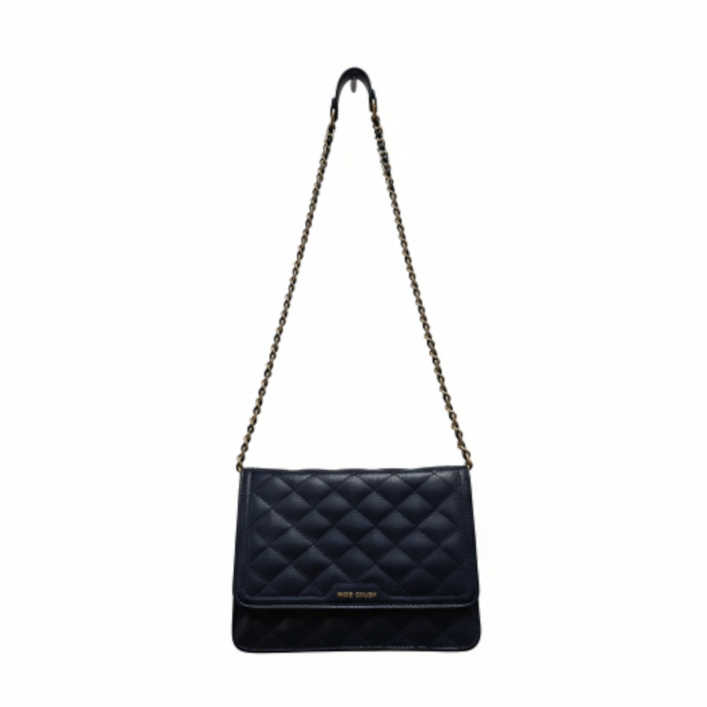 Classic Quilted Flapped Leather Sling Bag Navy Blue