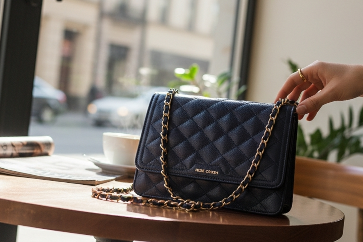Classic Quilted Flapped Leather Sling Bag Navy Blue