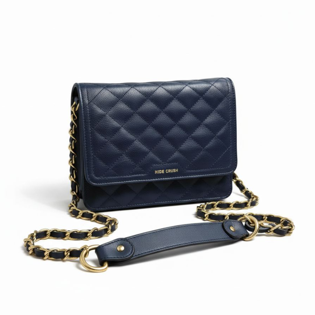 Classic Quilted Flapped Leather Sling Bag Navy Blue