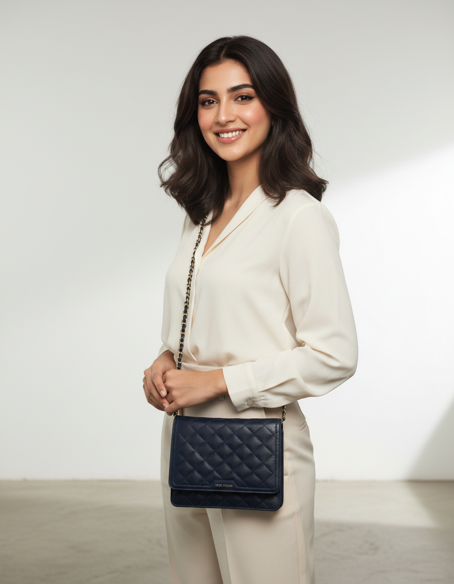 Classic Quilted Flapped Leather Sling Bag Navy Blue