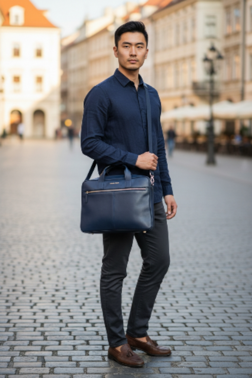 Leather Laptop Bag Navy Blue