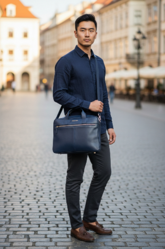 Leather Laptop Bag Navy Blue